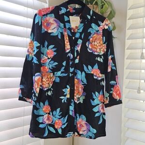 Maeve Black Floral Button Down Shirt